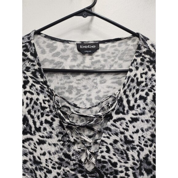 Bebe Womens Tunic Top Large Black Gray Leopard Print Lace Up  Long Sleeve Casual - Picture 3 of 9
